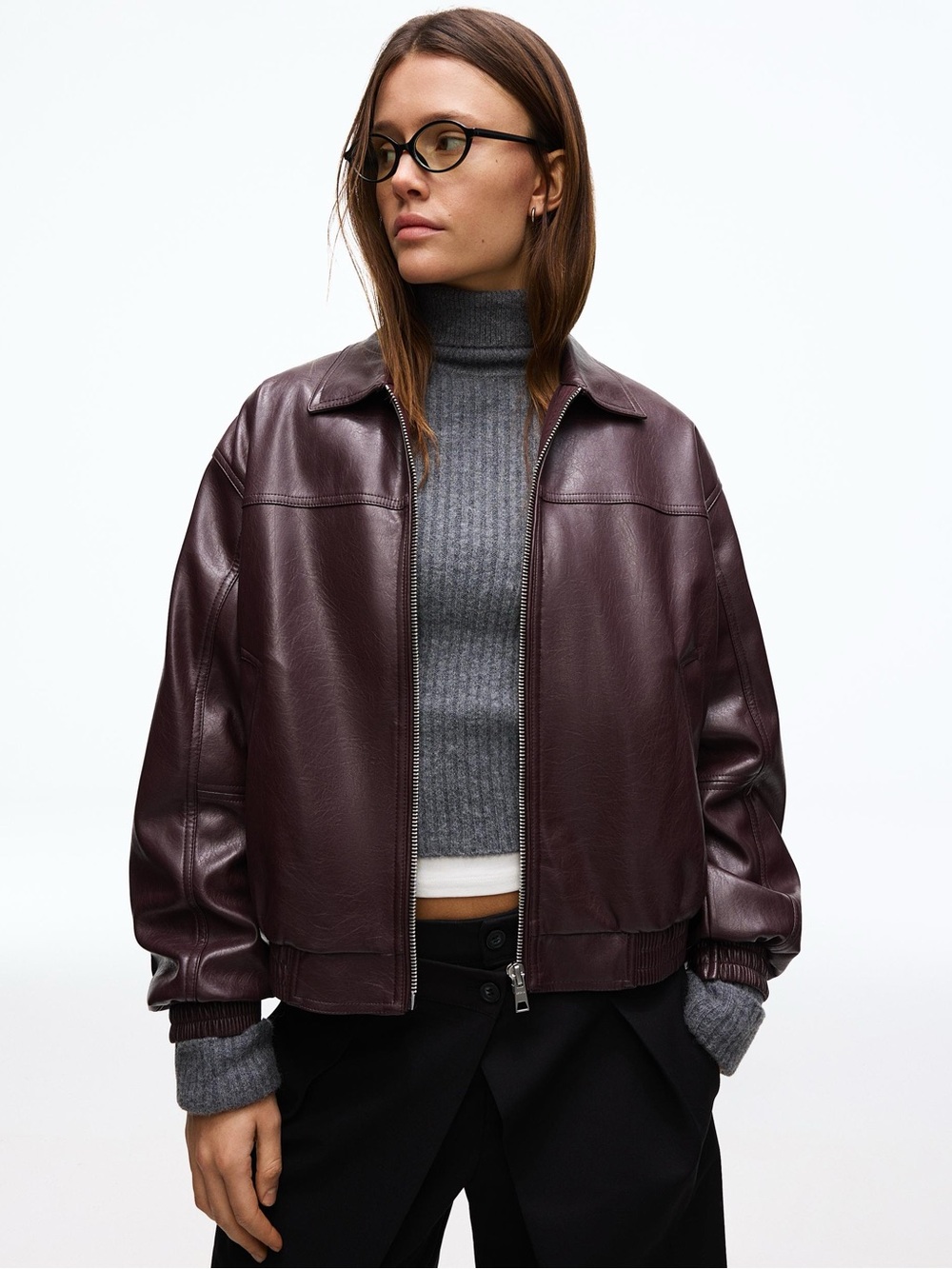 Fabletics Faux-Leather Puffer Bomber Jacket Oversized Medium Burgundy Maroon